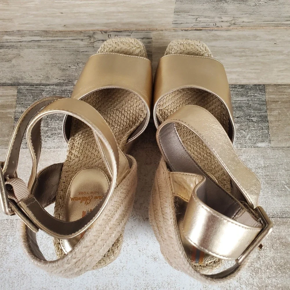 Sam Edelman Vada Women Espadrille Sandal Sz 9.5 Gold Leaf Ankle Strap Wedge Heel